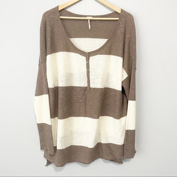 Free People beach gold rush Henley striped brown tunic  linen top medium - Picture 9 of 10